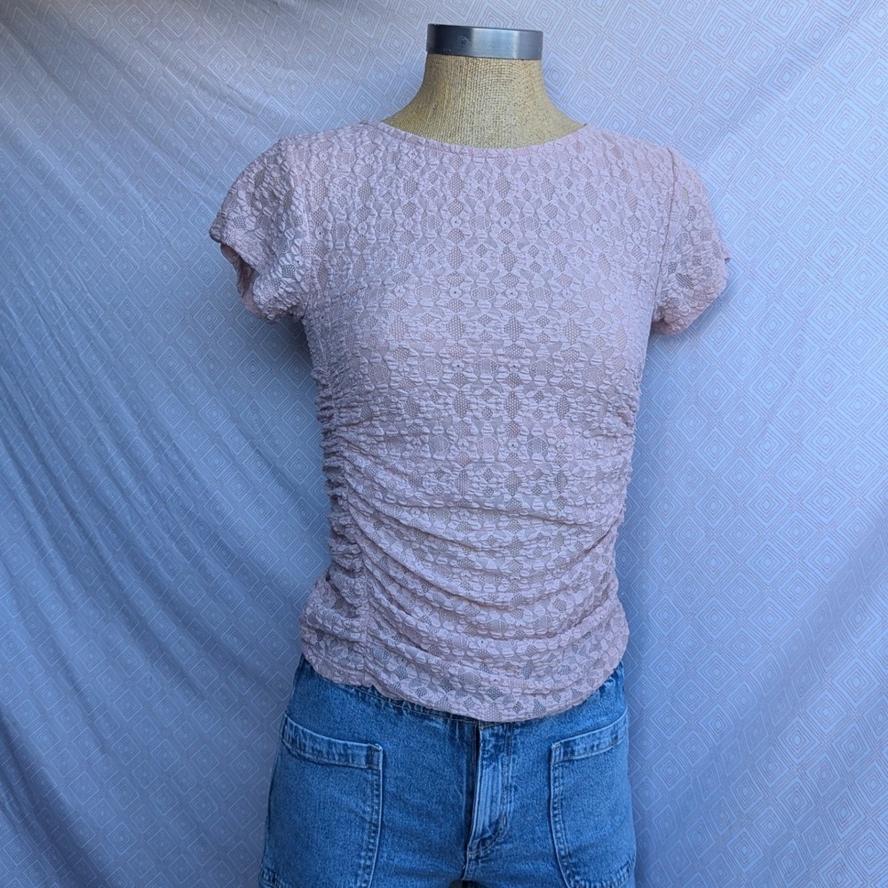 Unbranded Lace Top Women Pink Excellent Ruched Short Sleeve Boat Neck Blouse